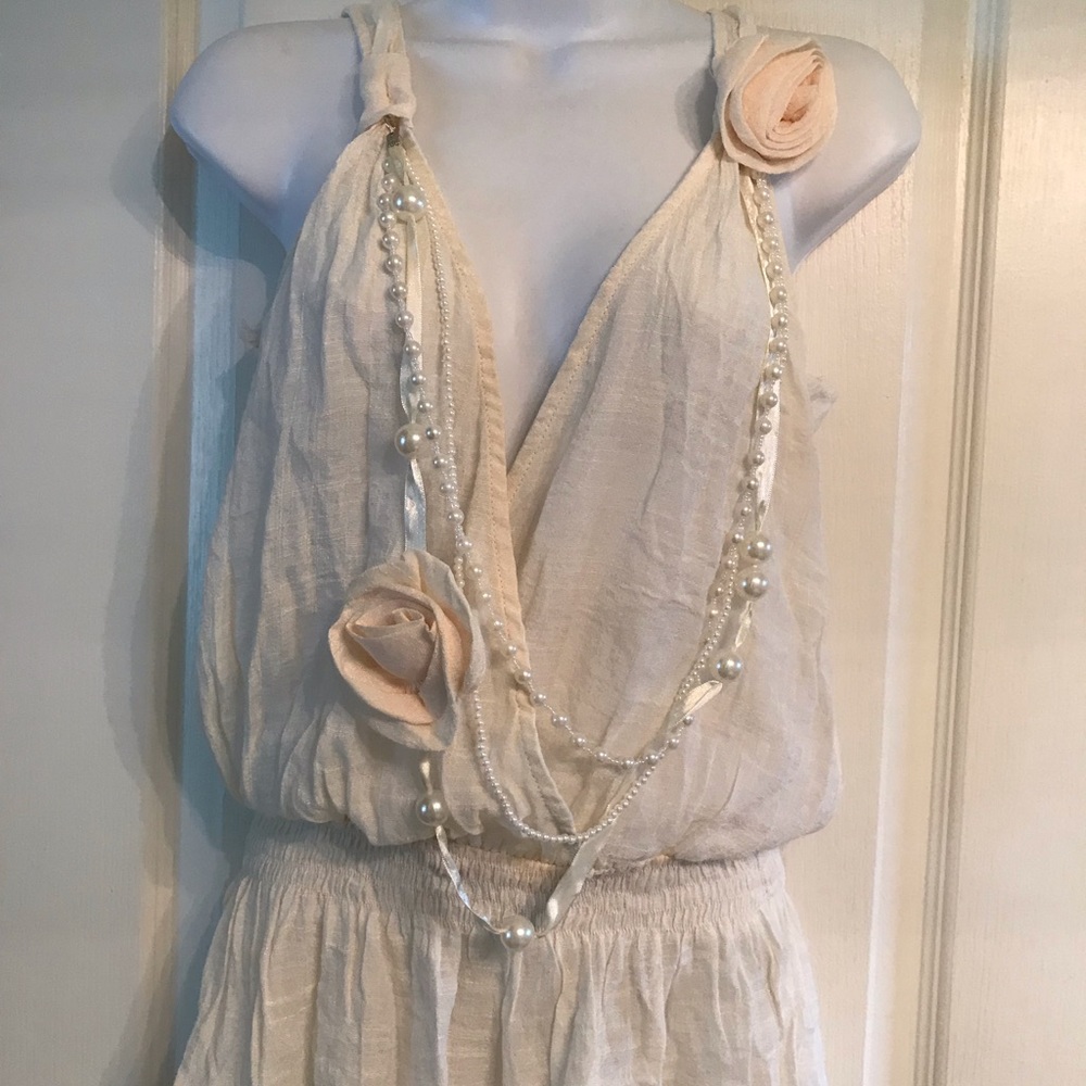 Ivory Gauze blouse deep V Front w/Pearls & Ribbons